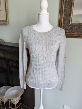 Talbots Women's Small Cable Knit Sweater Grey Speckled Button Cuff Cotton Blend